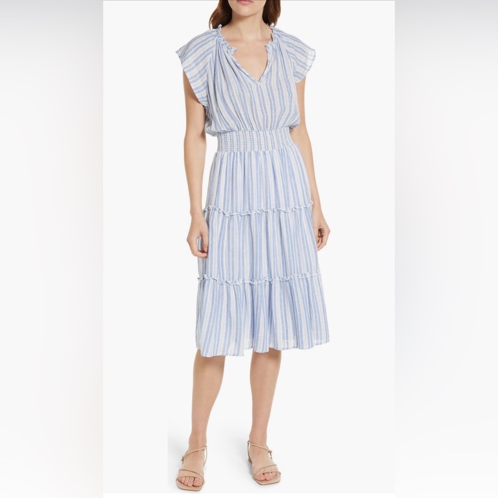Rails Amelia Linen Blend Blue Striped Midi Dress XL *READ DESCRIPTION* *FLAW*